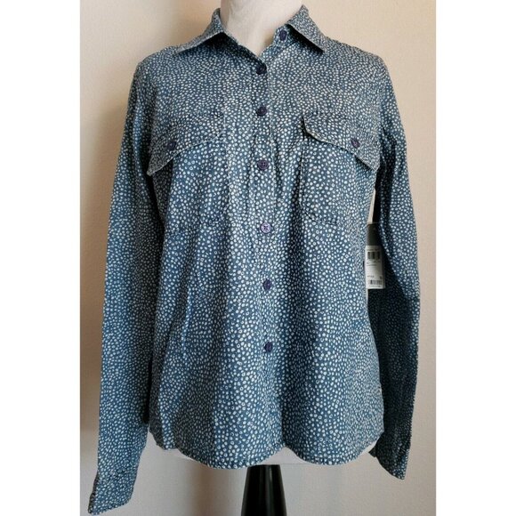 Guess 1981 Denim Top Womens XS Blue Polka Dot Shirt 100% Cotton Chambray Long - Picture 2 of 12